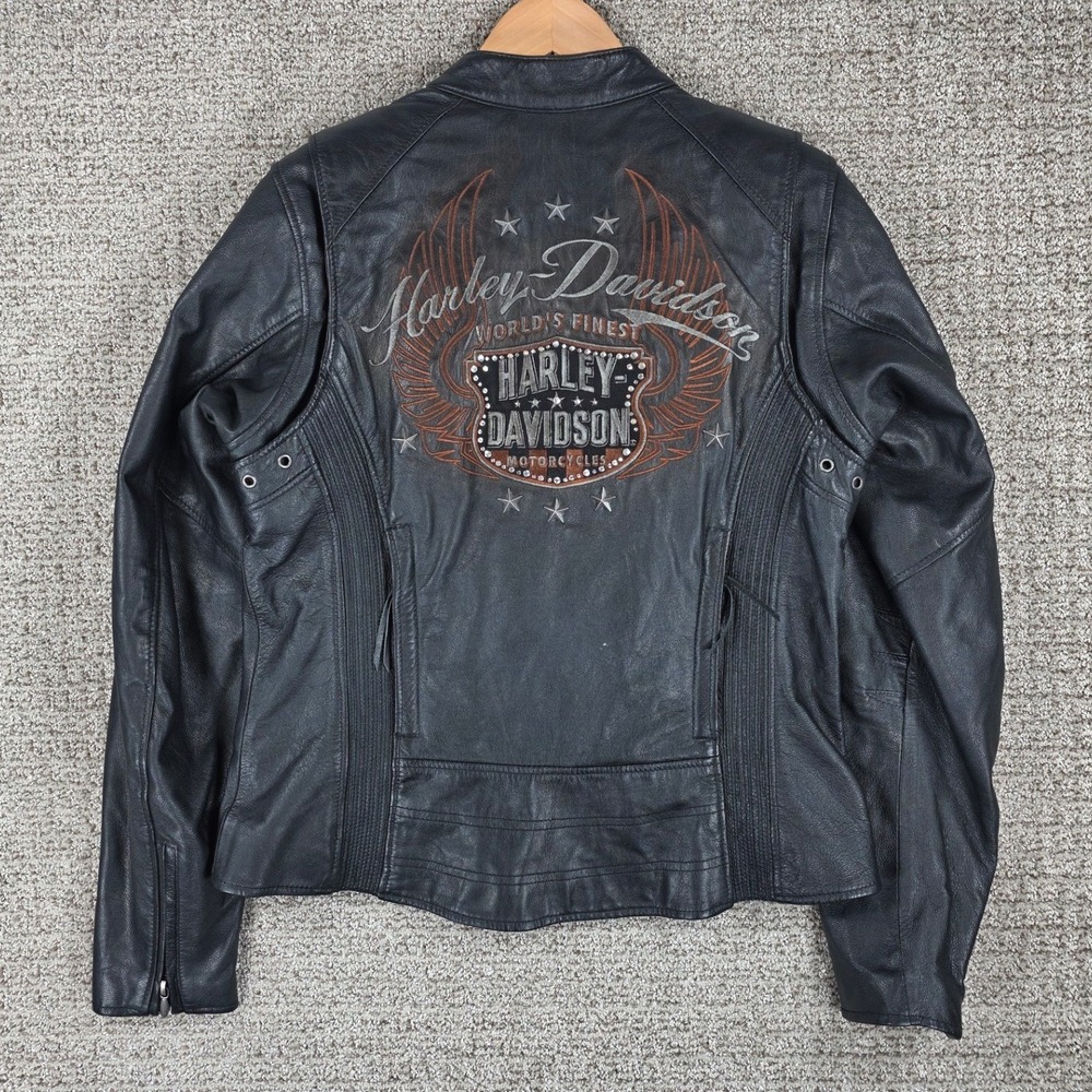 Harley Davidson Womens Black Leather Riding Jacket Embroidered Wings Size M